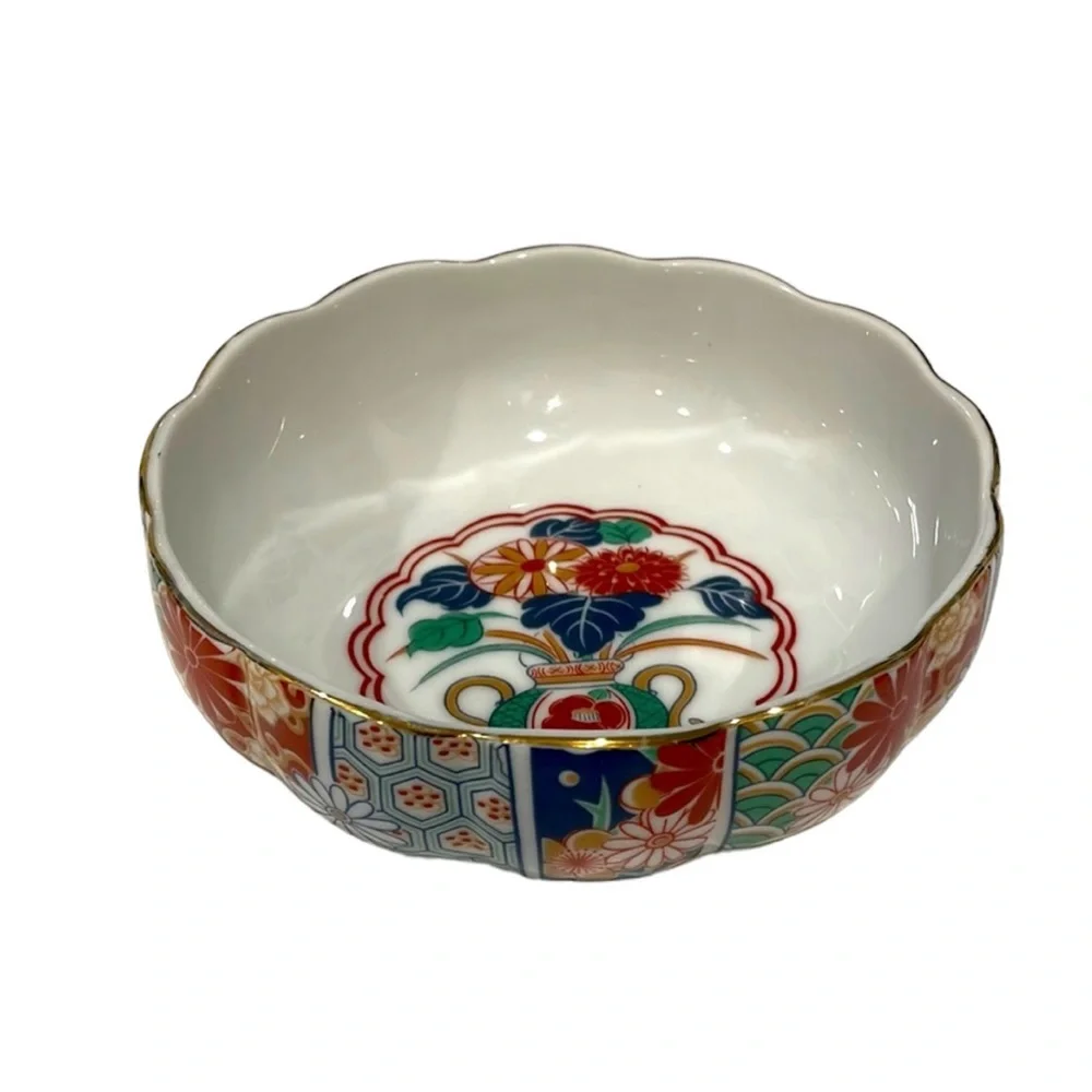 Vintage Arita Imari Fan Japanese Porcelain Candy Dish Bowl Scalloped Edge EUC